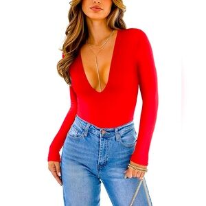 ReoRia Women's Sexy Plunge Deep V Neck Long Sleeve Bodysuit Going Out Top